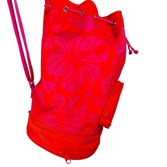 Speedo Canvas Drawstring Bucket Tote Bag Pink Orange Hibiscus Print Pool Beach - Picture 6 of 9